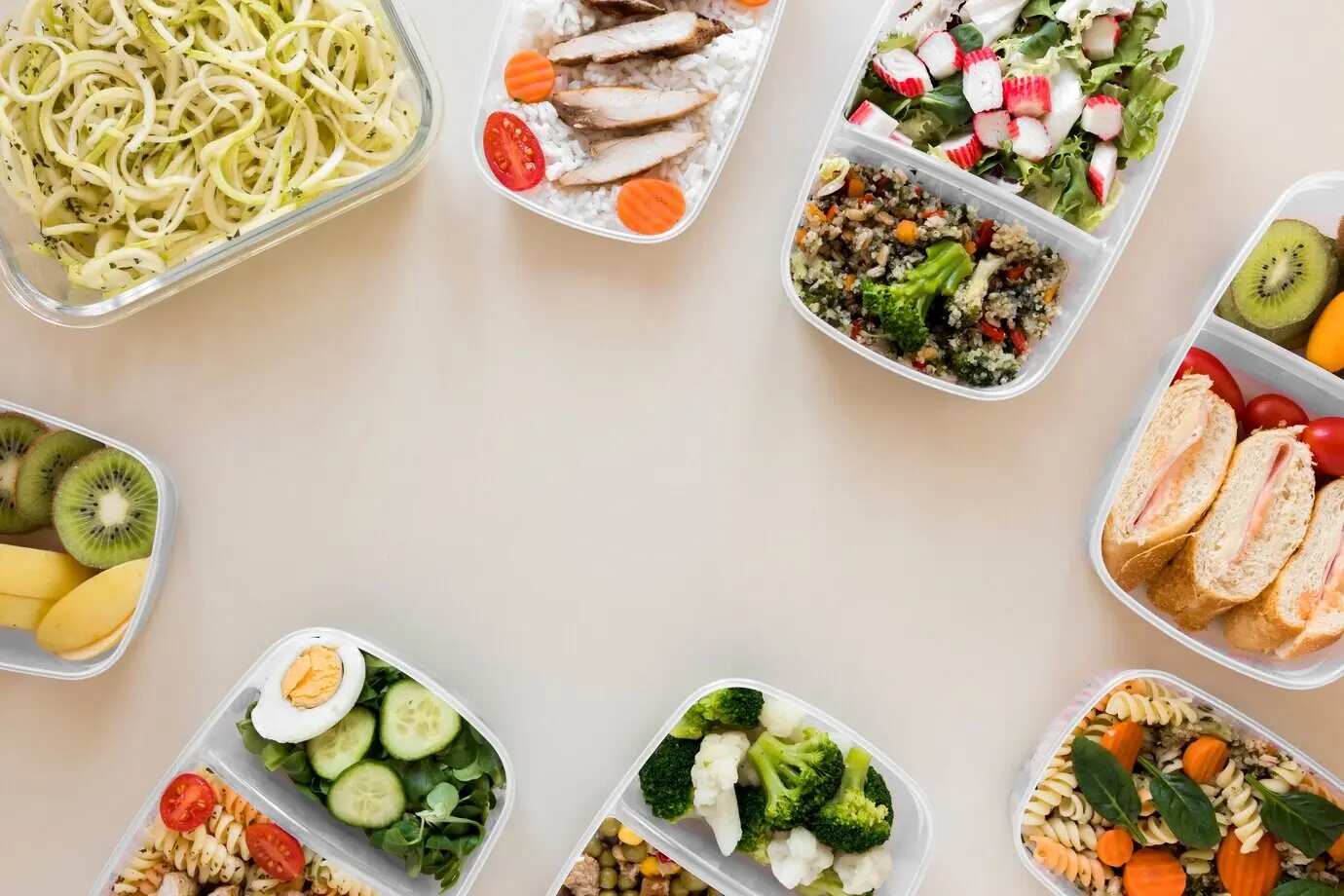 Draufsicht auf Essen in Behältern